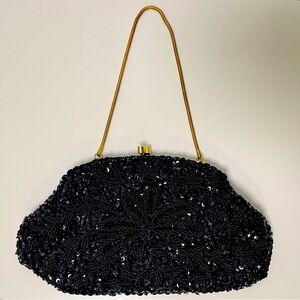 Vintage Black Hand Beaded Bag Made in Hong Kong